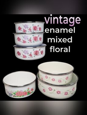 Vintage Enamel Mixed Pattern Floral Mixing Bowls Set